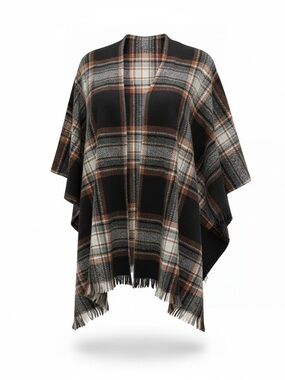 Lincoln blanket Plaid Fringe Shawl in Black and Brown- one size